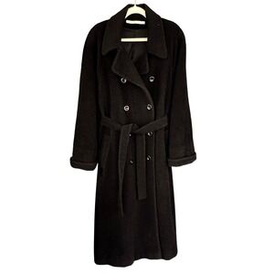 90s Y2K Vintage Perry Ellis Black Alpaca‎ Wool Long Sherpa Belted Trench Coat